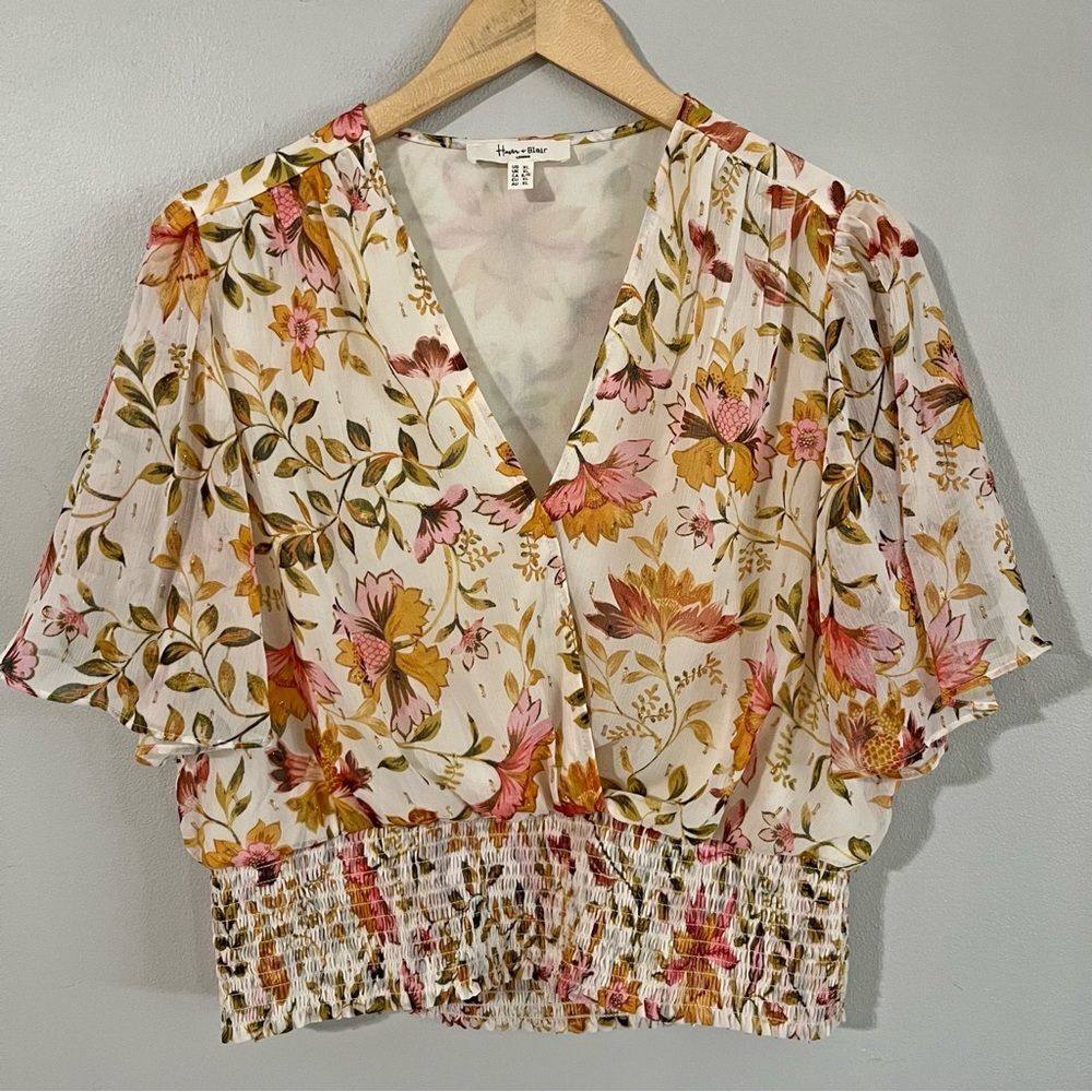 Haver + Blair Floral Smocked Blouse XL Gold Thread Boho Flutter Sleeve Top